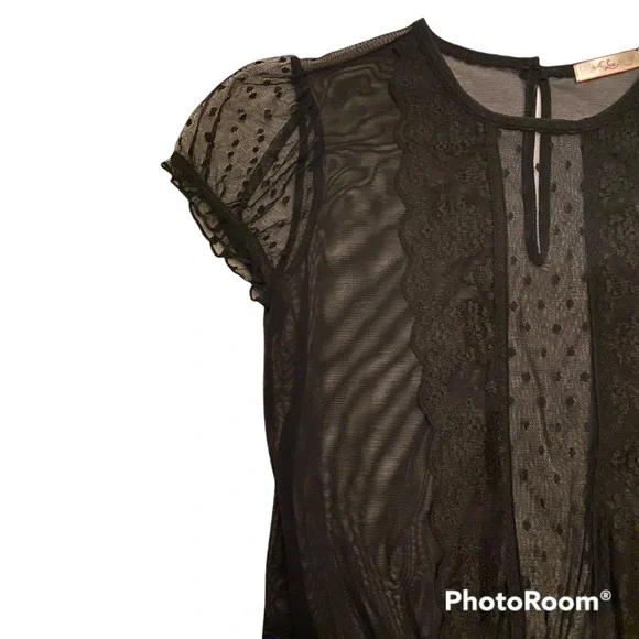 RARE SEXY VINTAGE SHEER BLACK TOP W LACE, CAP SLEEVES CINCHED WAIST BLOUSE - Picture 7 of 11